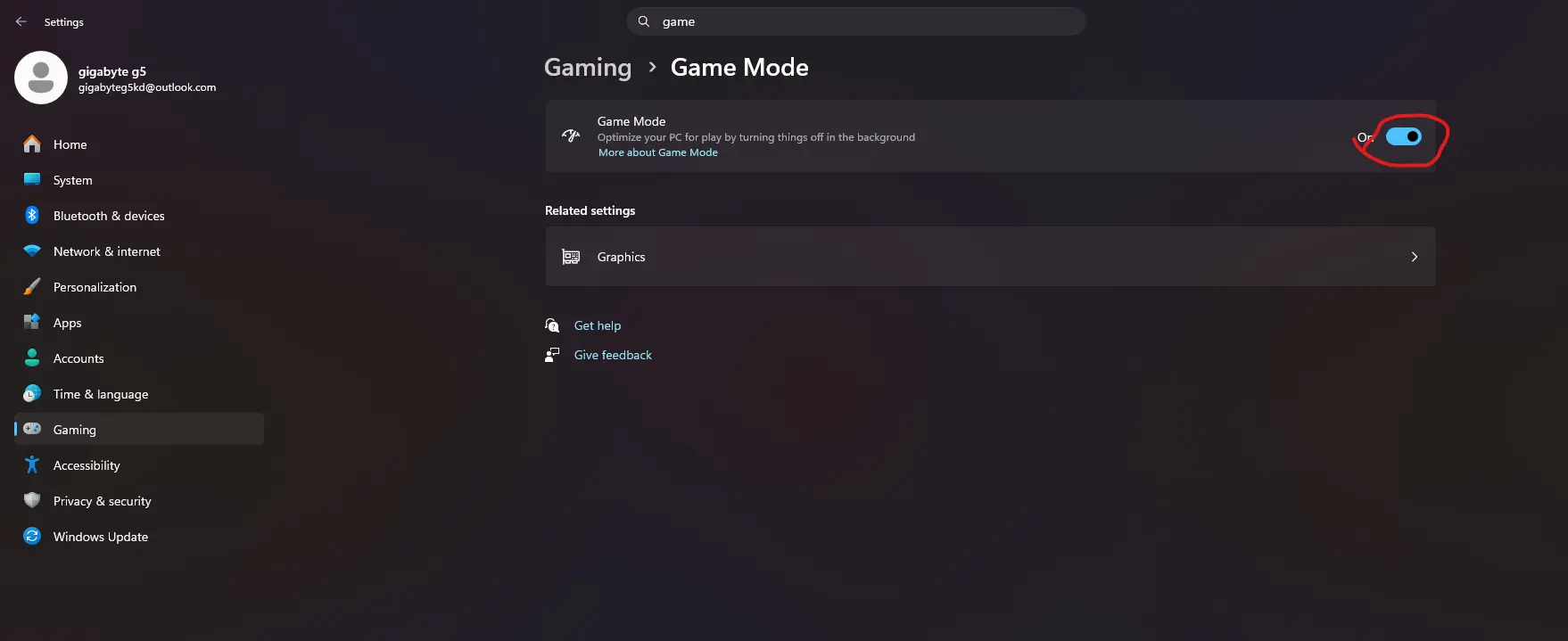 Activando el Modo Juego en la configuración de Windows