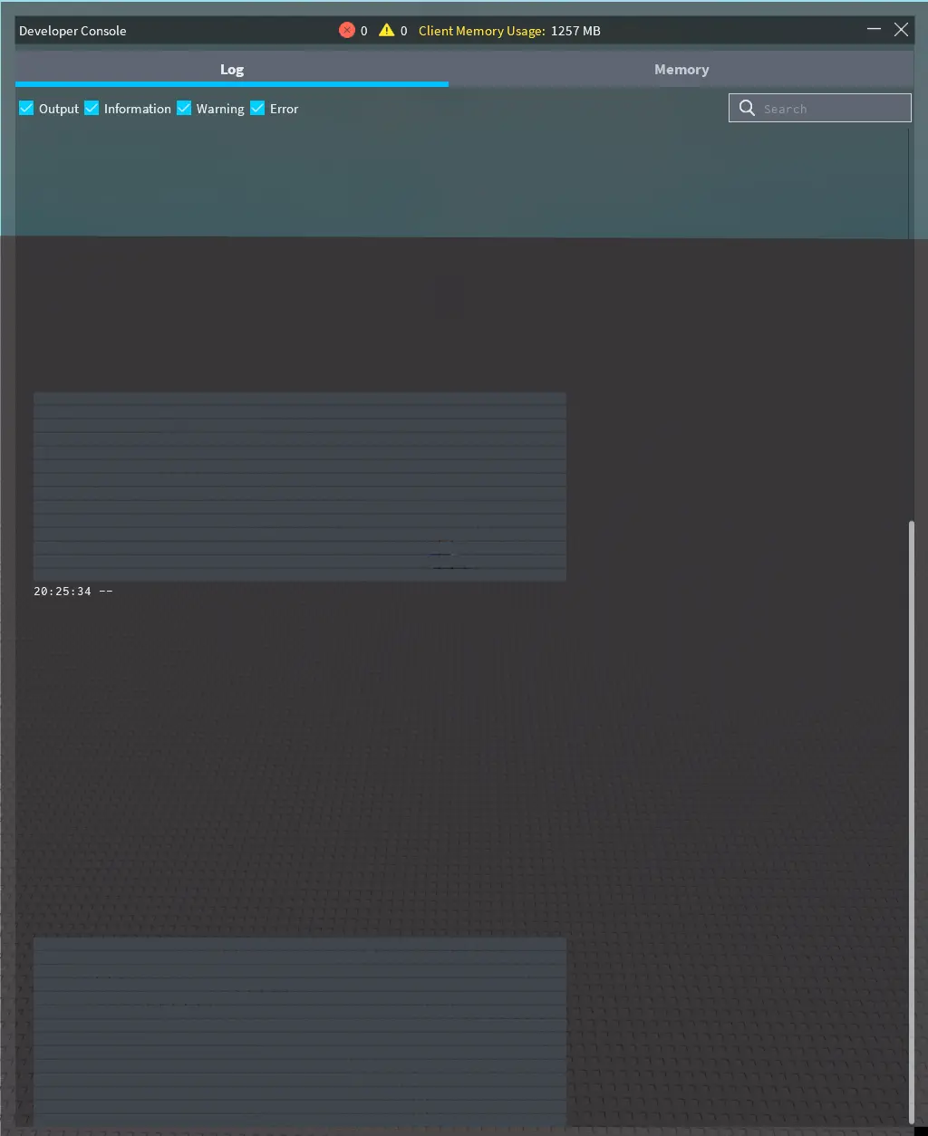 Consola de desarrollador F9 en Roblox mostrando la pestaña de logs y errores
